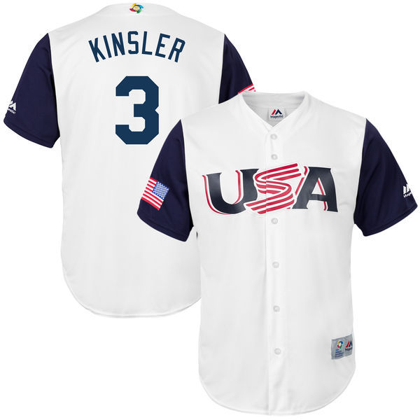 customized Men USA Baseball #3  Ian Kinsler Majestic White 2017 World Baseball Classic Replica Jersey->->MLB Jersey